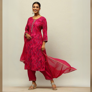 Magenta Printed Straight Suit Set with Dupatta – Vibrant & Elegant Ethnic Wear | KS-09