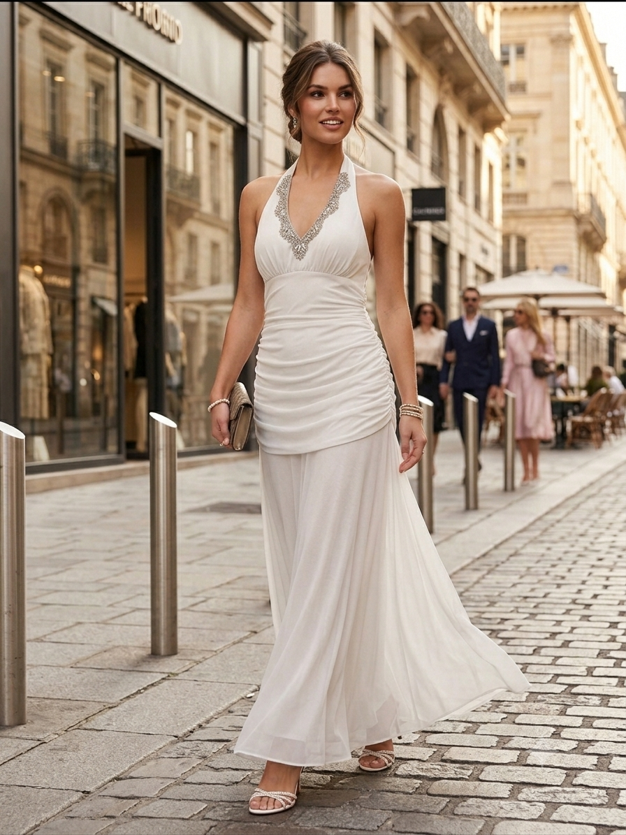 halter ruched maxi dress Crystal Mother of The Bride Dress Button Sleeveless Collar Dress True to size Color:M-Purple