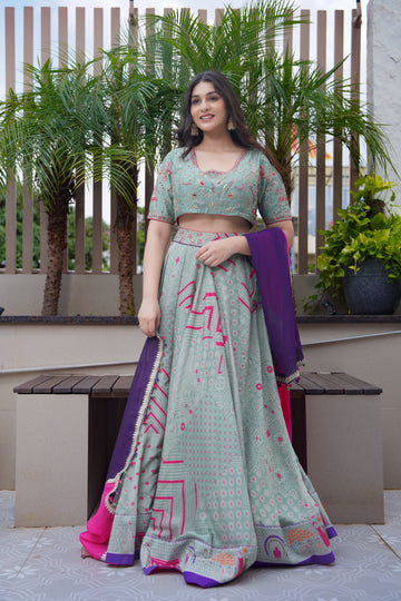Bandhej Embroidered Lehenga Set | Sage Green