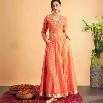 Orange Silk Printed Lehenga Choli with Golden Border – Festive & Wedding Ethnic Wear for Women | LS-04