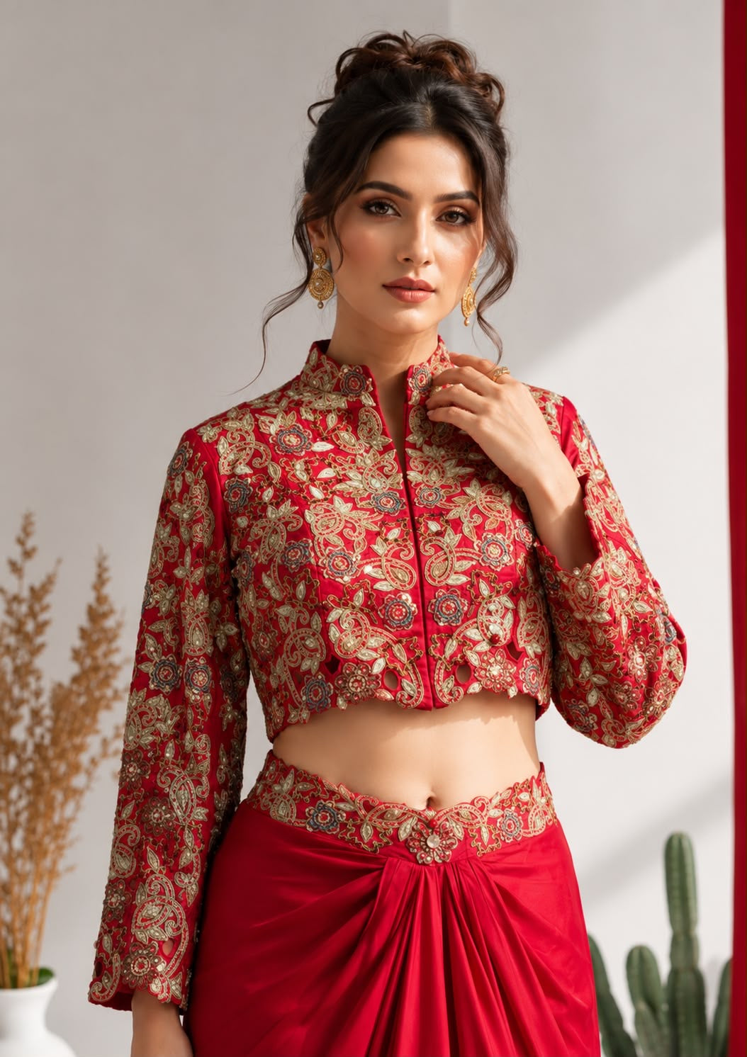 Crimson Embroidered Blouse & Pre-Draped Dhoti Skirt Set