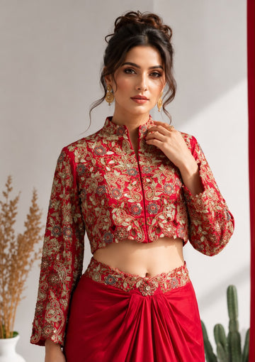 Crimson Embroidered Blouse & Pre-Draped Dhoti Skirt Set