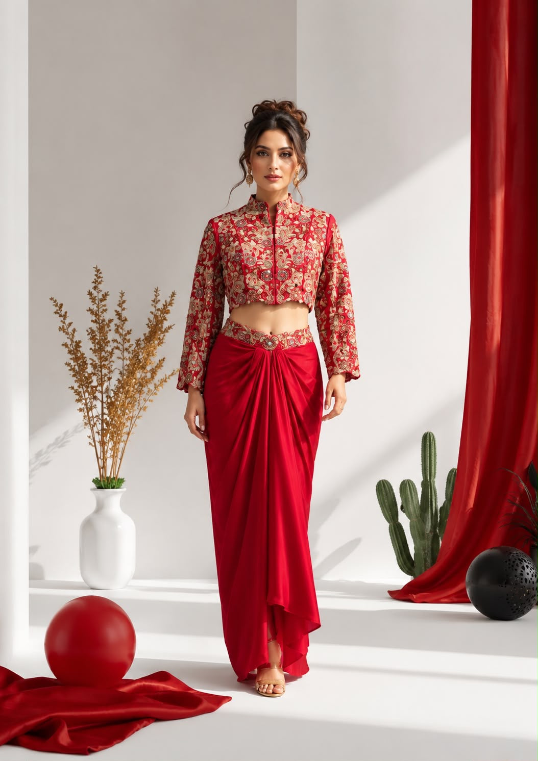 Crimson Embroidered Blouse & Pre-Draped Dhoti Skirt Set