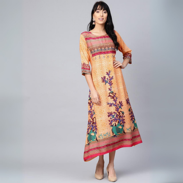 Mustard Yellow Floral Printed A-Line Kurti – Elegant & Comfortable Cotton Ethnic Wear | KS-34