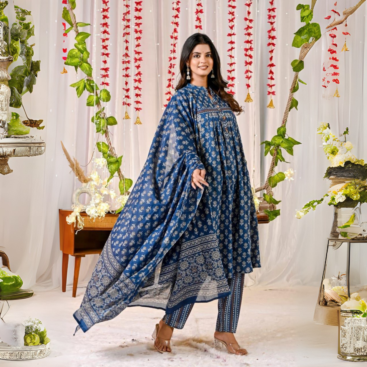 Women's Blue Cotton Kurta Frock with Matching Pant and Dupatta | KS-05