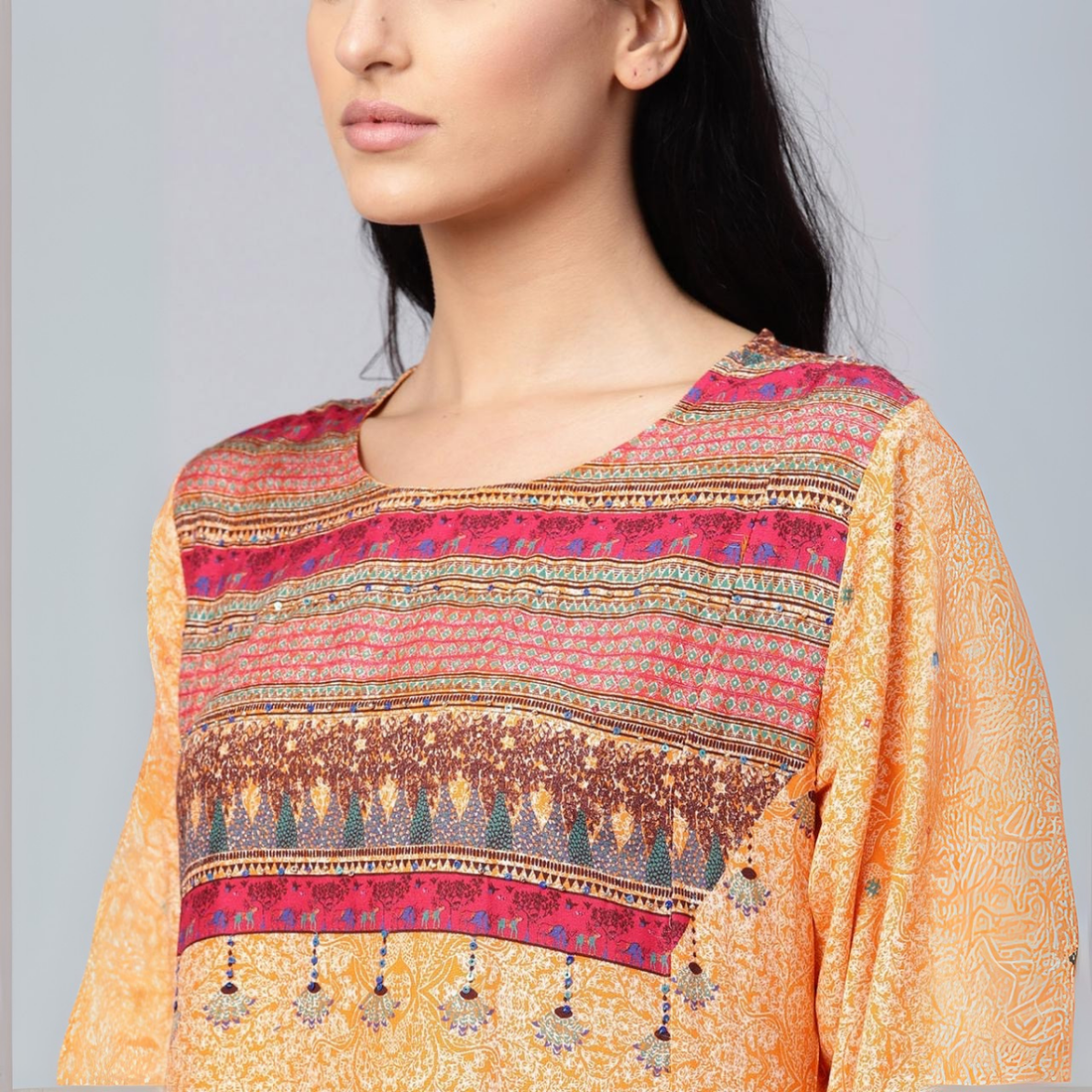 Mustard Yellow Floral Printed A-Line Kurti – Elegant & Comfortable Cotton Ethnic Wear | KS-34