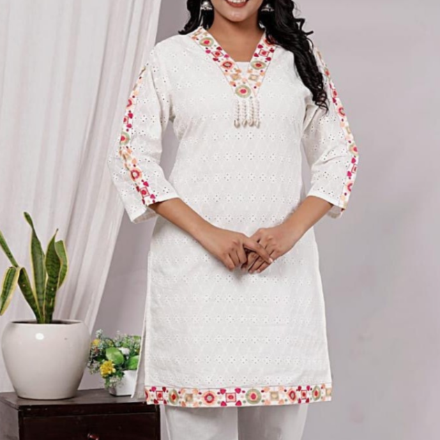White Cotton Kurti Set with Floral Embroidery – Comfortable Ethnic Wear for Women | K-01