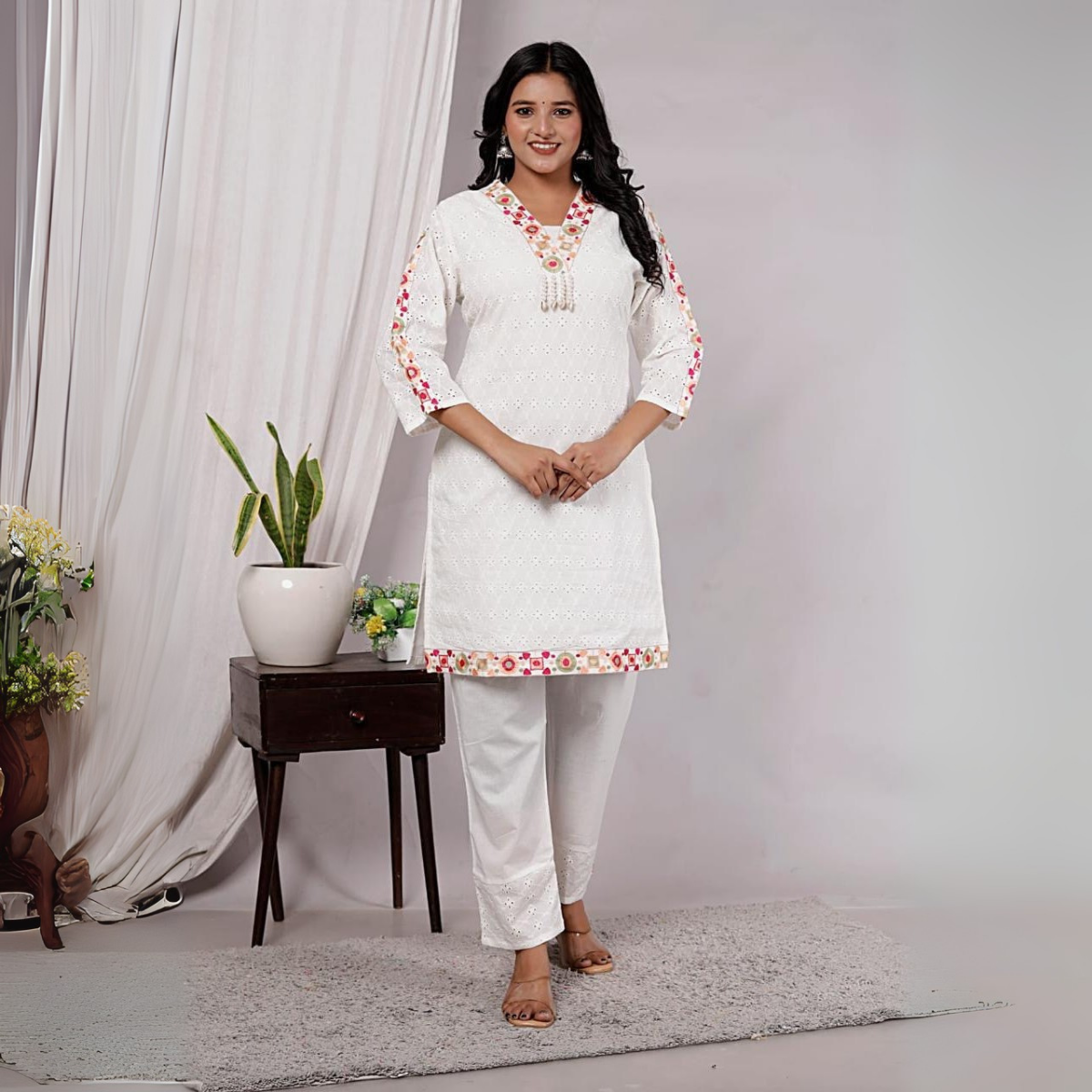 White Cotton Kurti Set with Floral Embroidery – Comfortable Ethnic Wear for Women | K-01