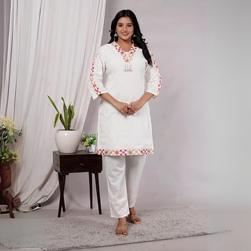 White Cotton Kurti Set with Floral Embroidery – Comfortable Ethnic Wear for Women | K-01