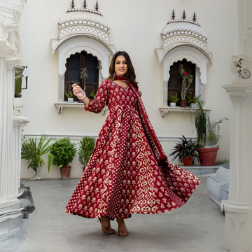 Women's Red Cotton Anarkali Kurta with Pant and Dupatta – Perfect for Festive Occasions | KS-07