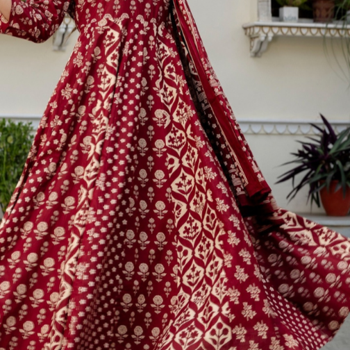 Women's Red Cotton Anarkali Kurta with Pant and Dupatta – Perfect for Festive Occasions | KS-07