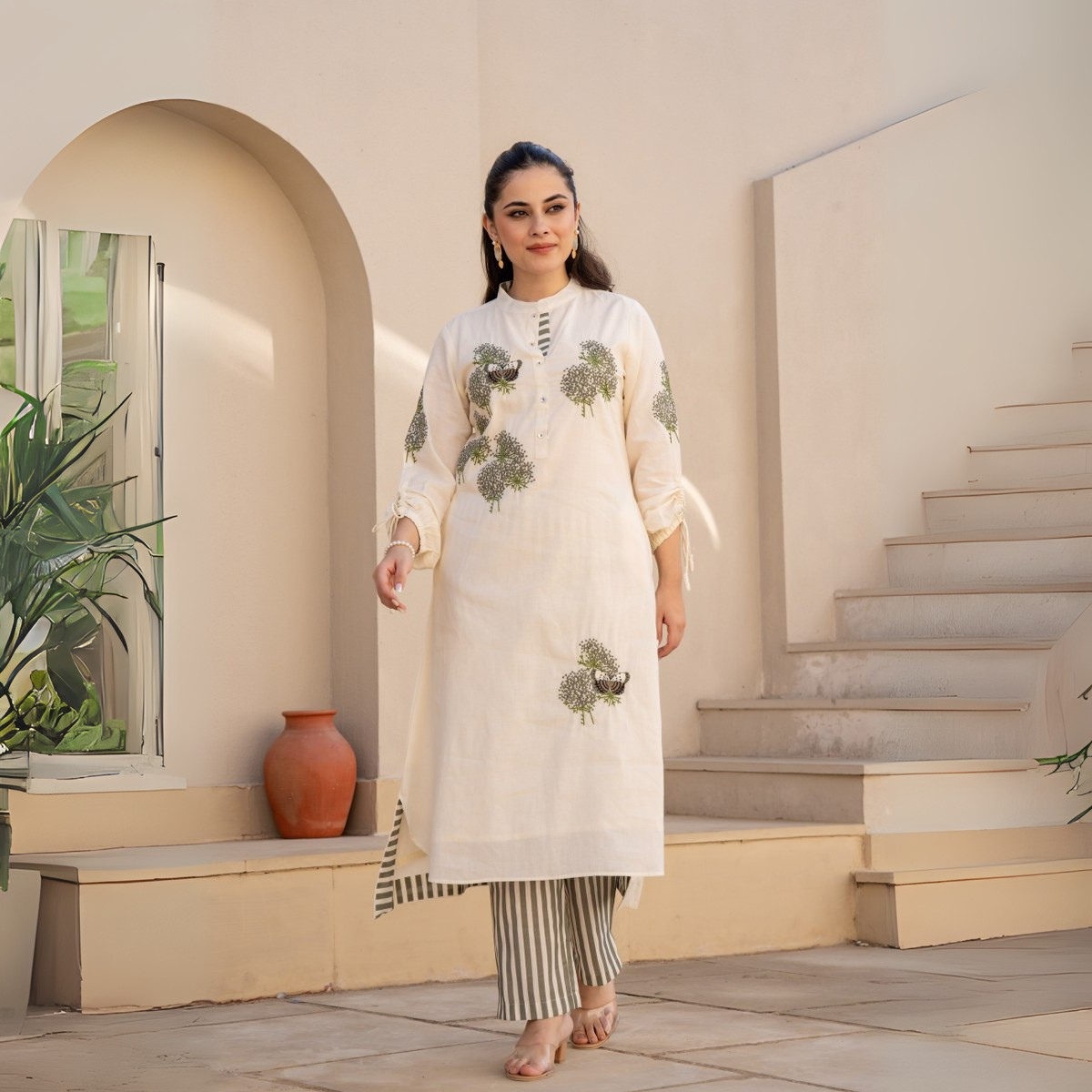 Off White Embroidered Straight Pure Cotton kurta pant set