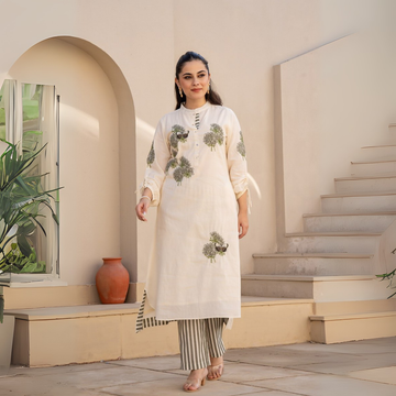 Off White Embroidered Straight Pure Cotton kurta pant set