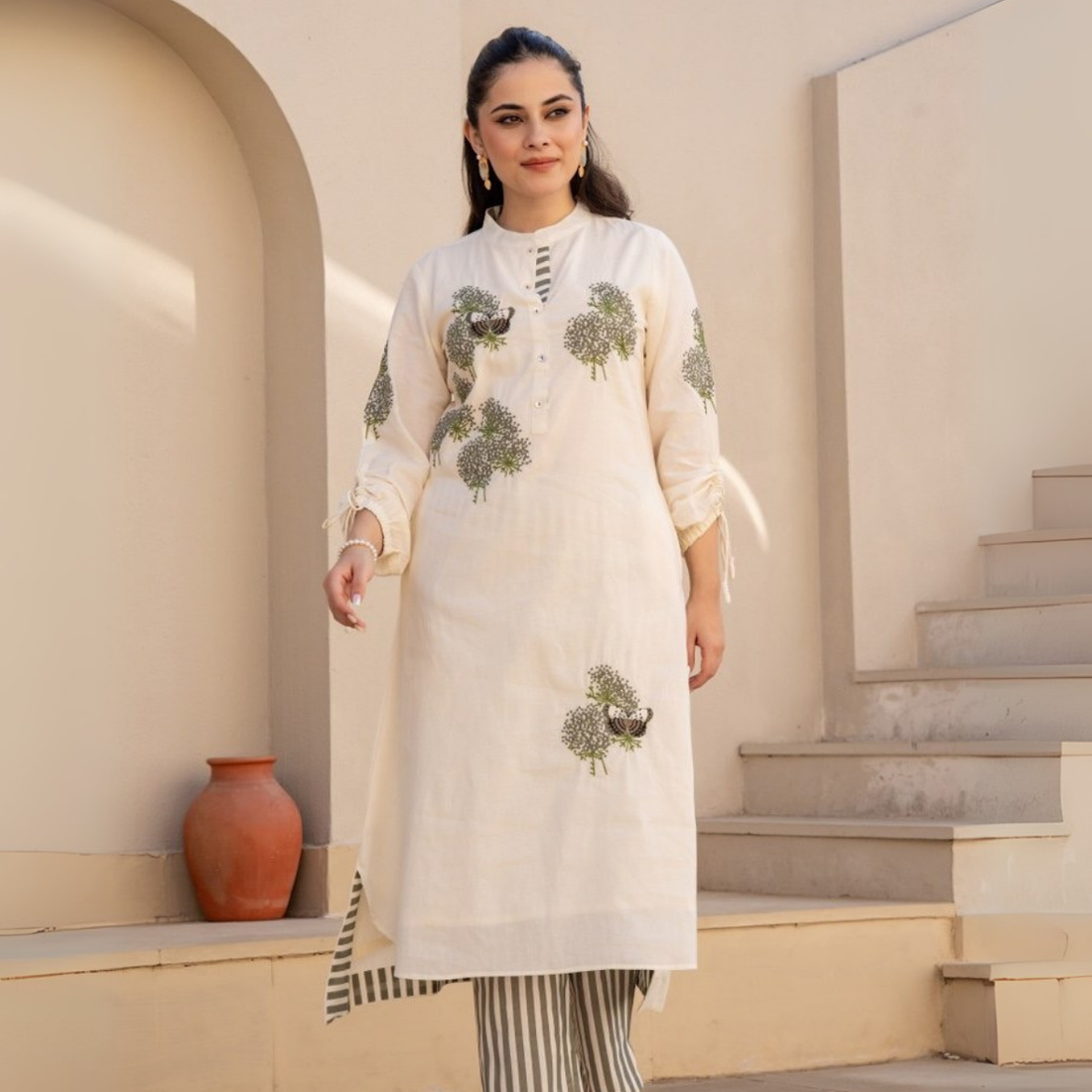Off White Embroidered Straight Pure Cotton kurta pant set