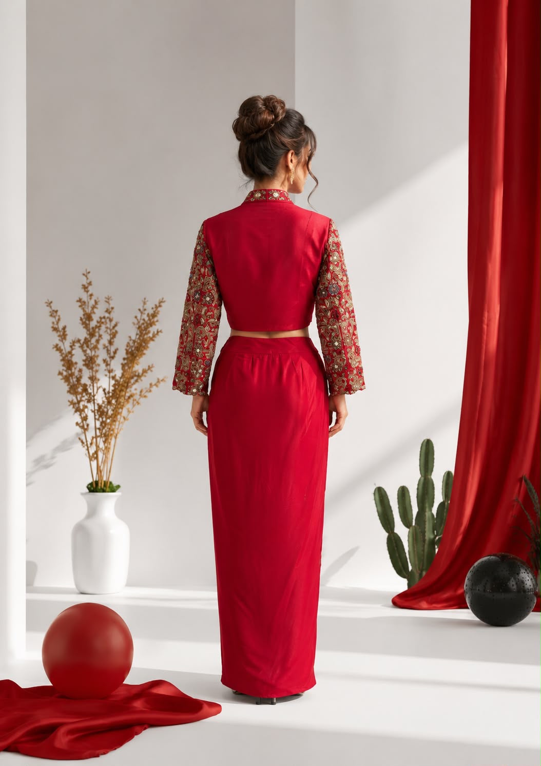 Crimson Embroidered Blouse & Pre-Draped Dhoti Skirt Set
