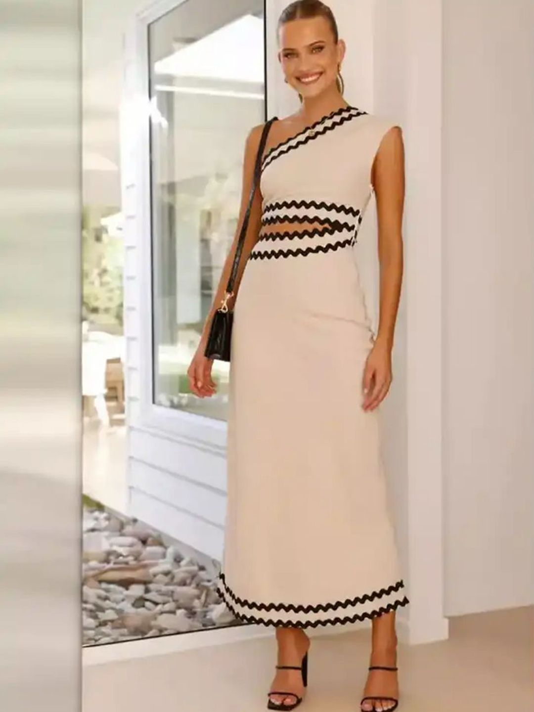 Women One Shoulder Maxi Dress – Beige & Black Bodycon Evening Wear | D-01