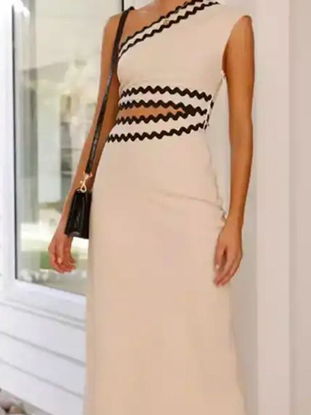 Women One Shoulder Maxi Dress – Beige & Black Bodycon Evening Wear | D-01