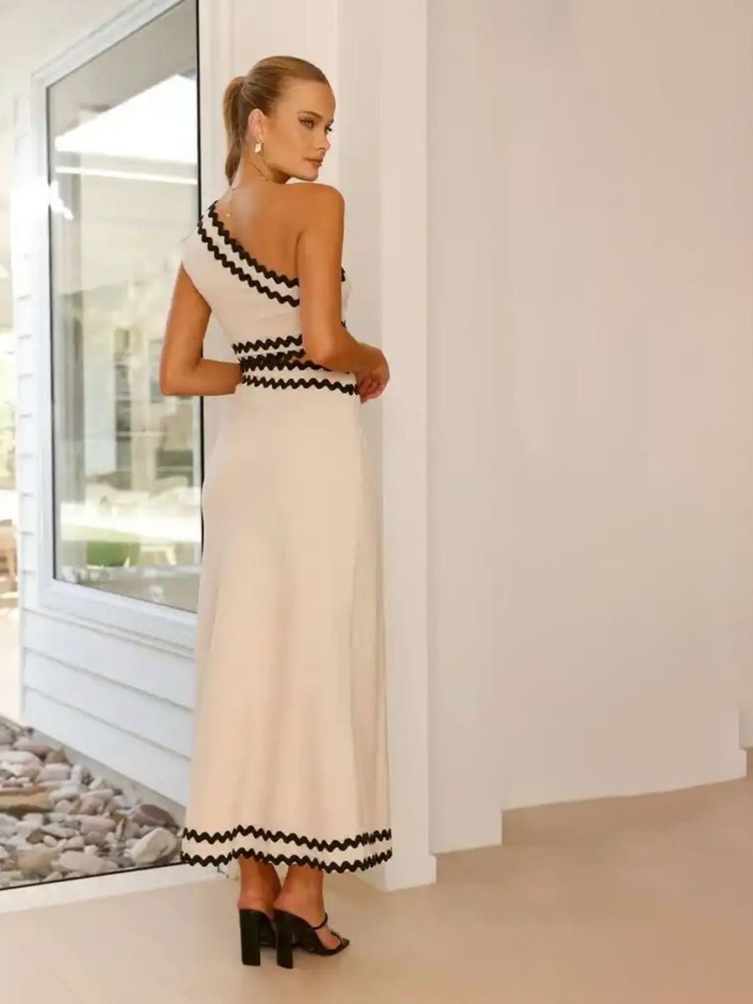 Women One Shoulder Maxi Dress – Beige & Black Bodycon Evening Wear | D-01