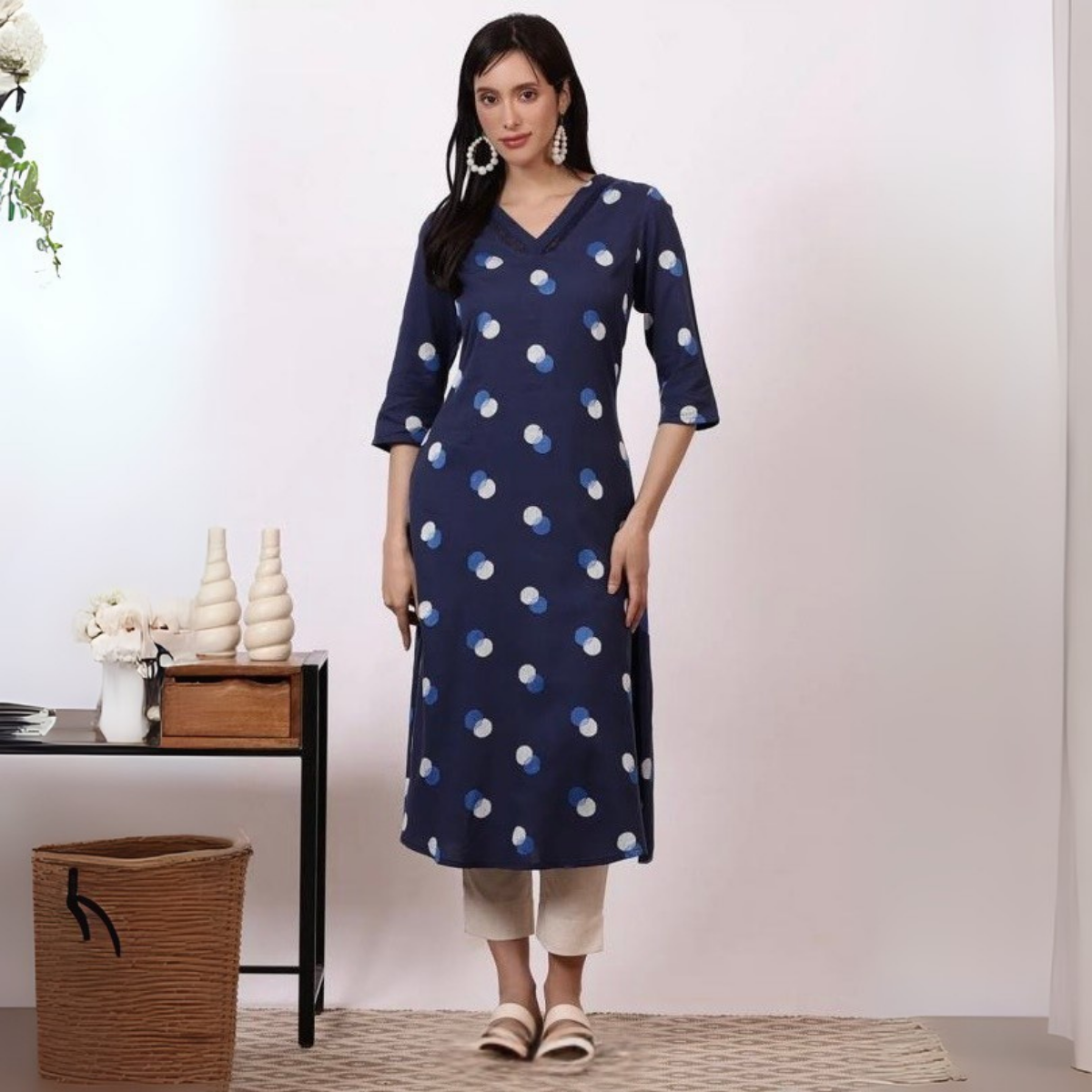 Blue Floral Printed Straight Cotton Kurta – Comfortable & Chic | KS-40