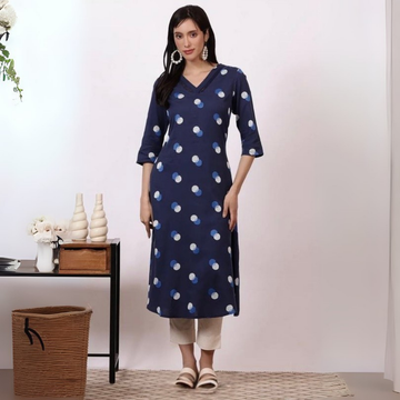 Blue Floral Printed Straight Cotton Kurta – Comfortable & Chic | KS-40