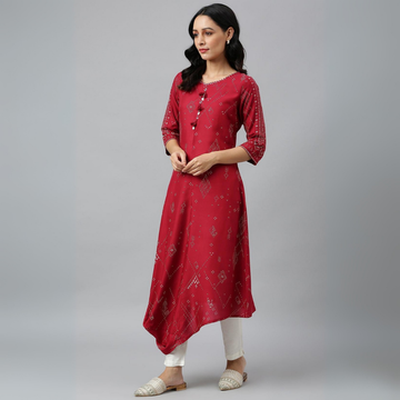 Maroon Printed Cowl Hemline Kurti with Tassel Details – Stylish and Elegant Women’s Wear | KS-39