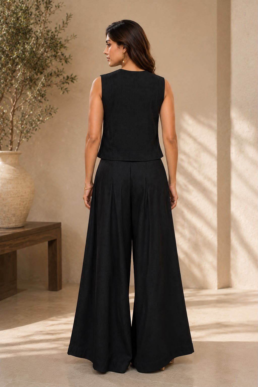 Black Embroidered Vest & Wide-Leg Co-Ord Set | ICS 27