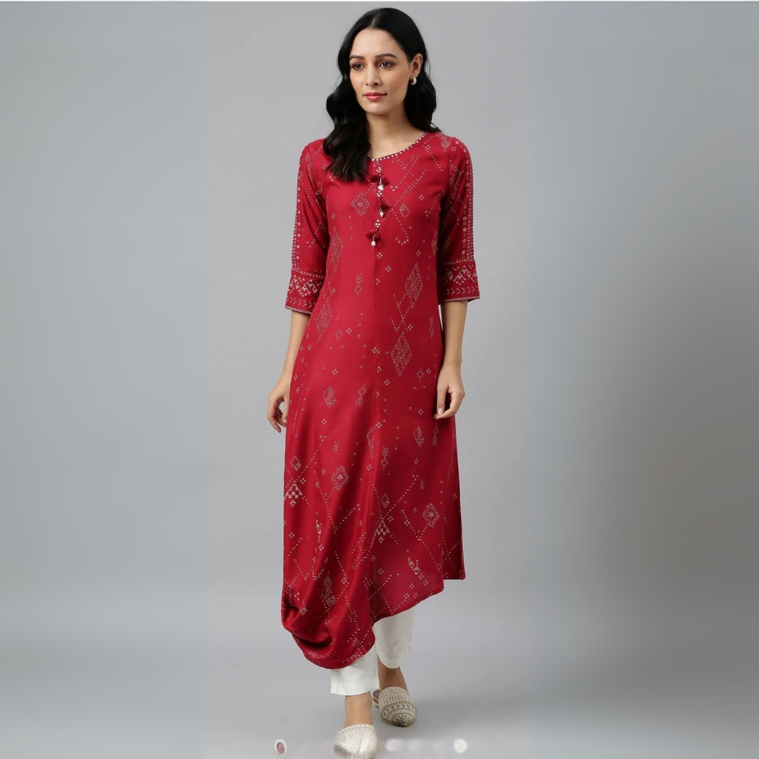 Maroon Printed Cowl Hemline Kurti with Tassel Details – Stylish and Elegant Women’s Wear | KS-39