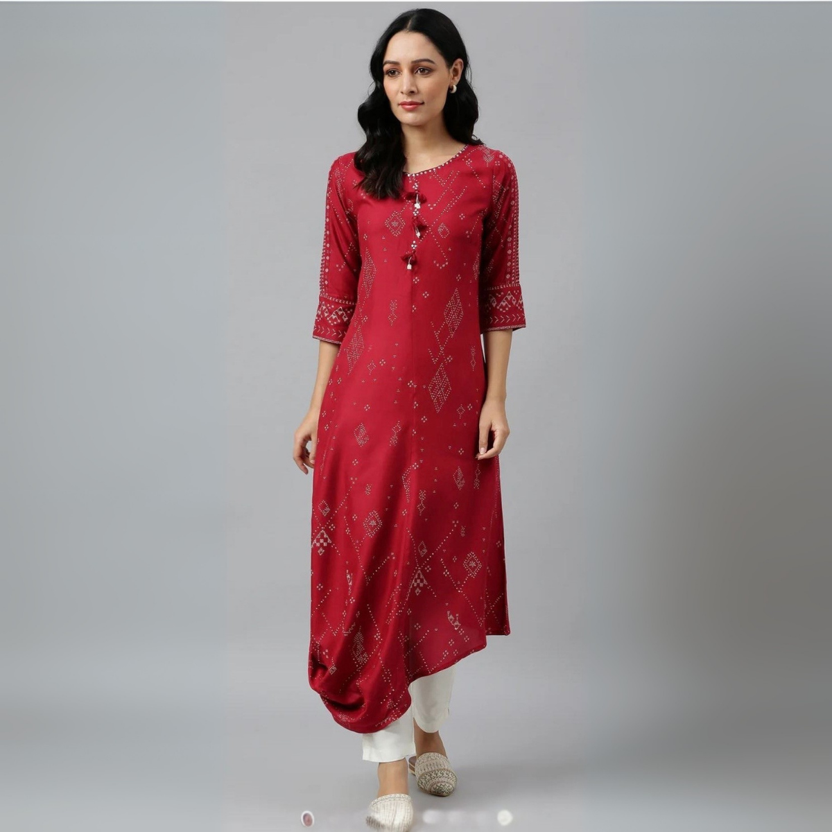 Maroon Printed Cowl Hemline Kurti with Tassel Details – Stylish and Elegant Women’s Wear | KS-39