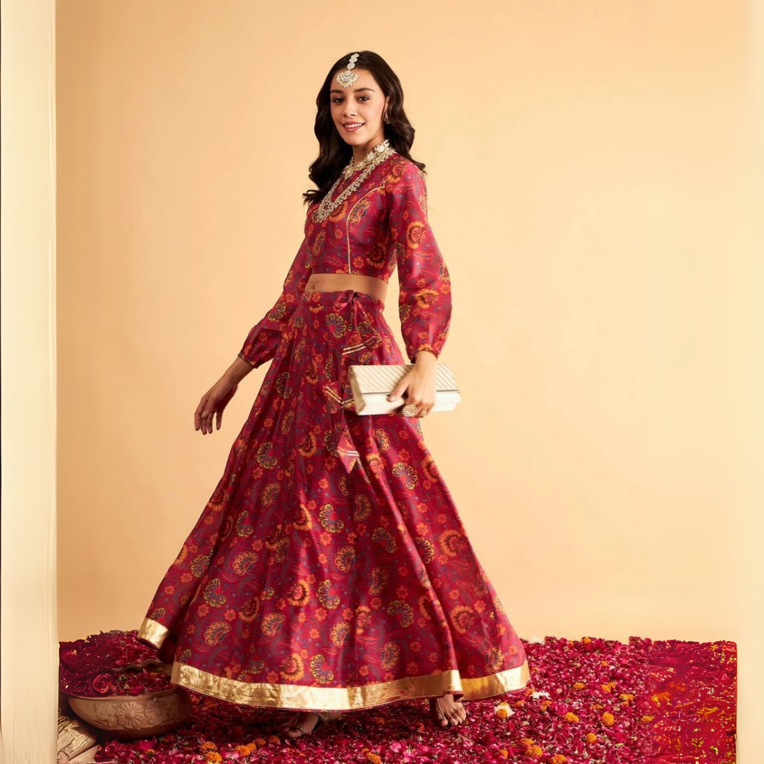 Maroon Silk Printed Lehenga Choli with Golden Border – Festive & Wedding Indian Ethnic Wear | LS-01