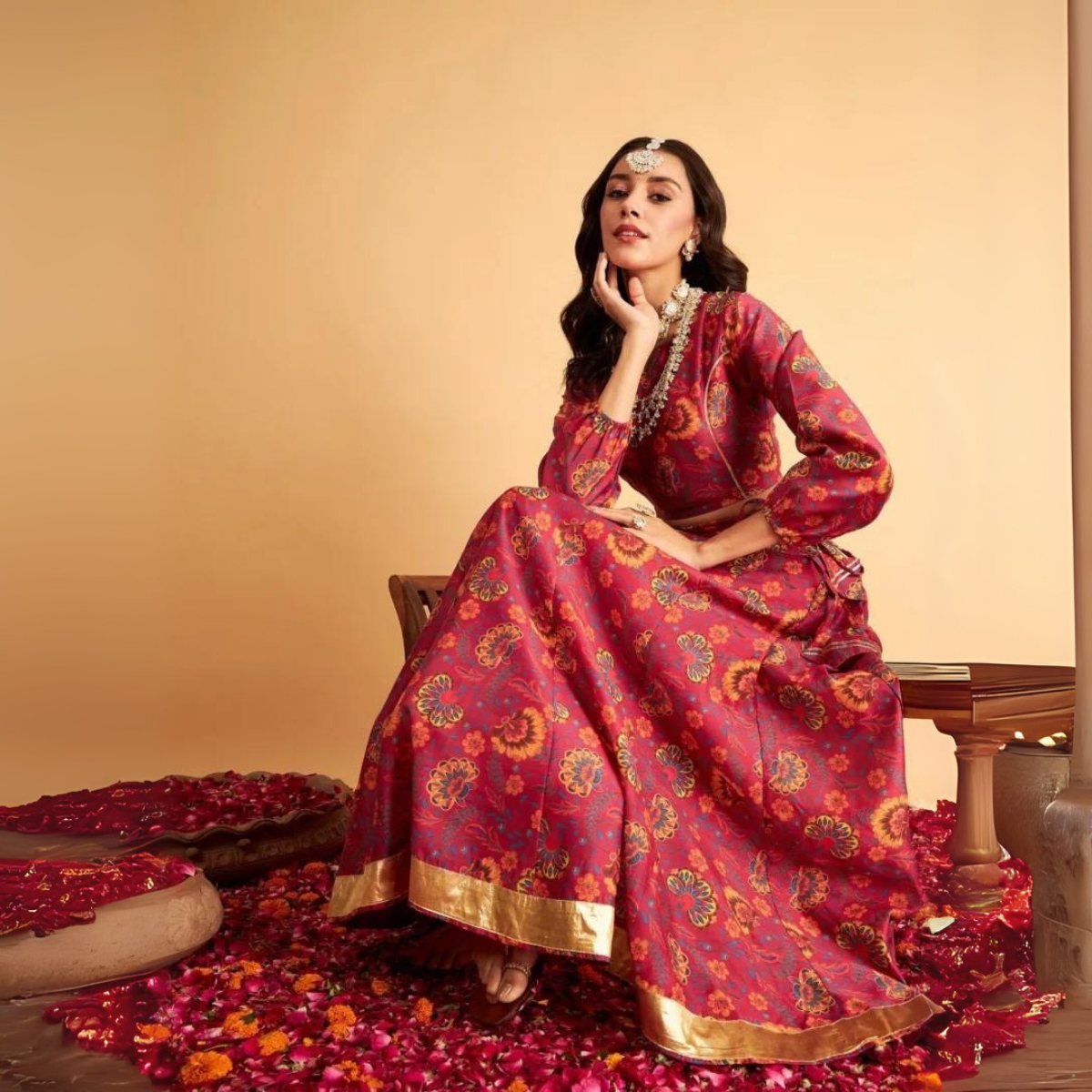 Maroon Silk Printed Lehenga Choli with Golden Border – Festive & Wedding Indian Ethnic Wear | LS-01