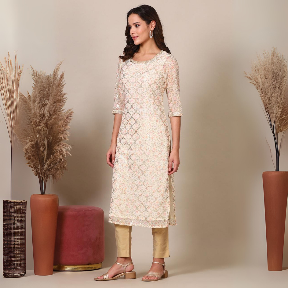 Soft Beige Printed Cotton Kurta with Light Sequin Work – Stylish and Comfortable for Women | KS-25