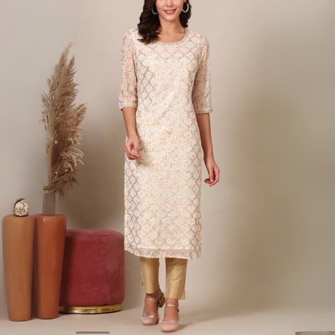 Soft Beige Printed Cotton Kurta with Light Sequin Work – Stylish and Comfortable for Women | KS-25