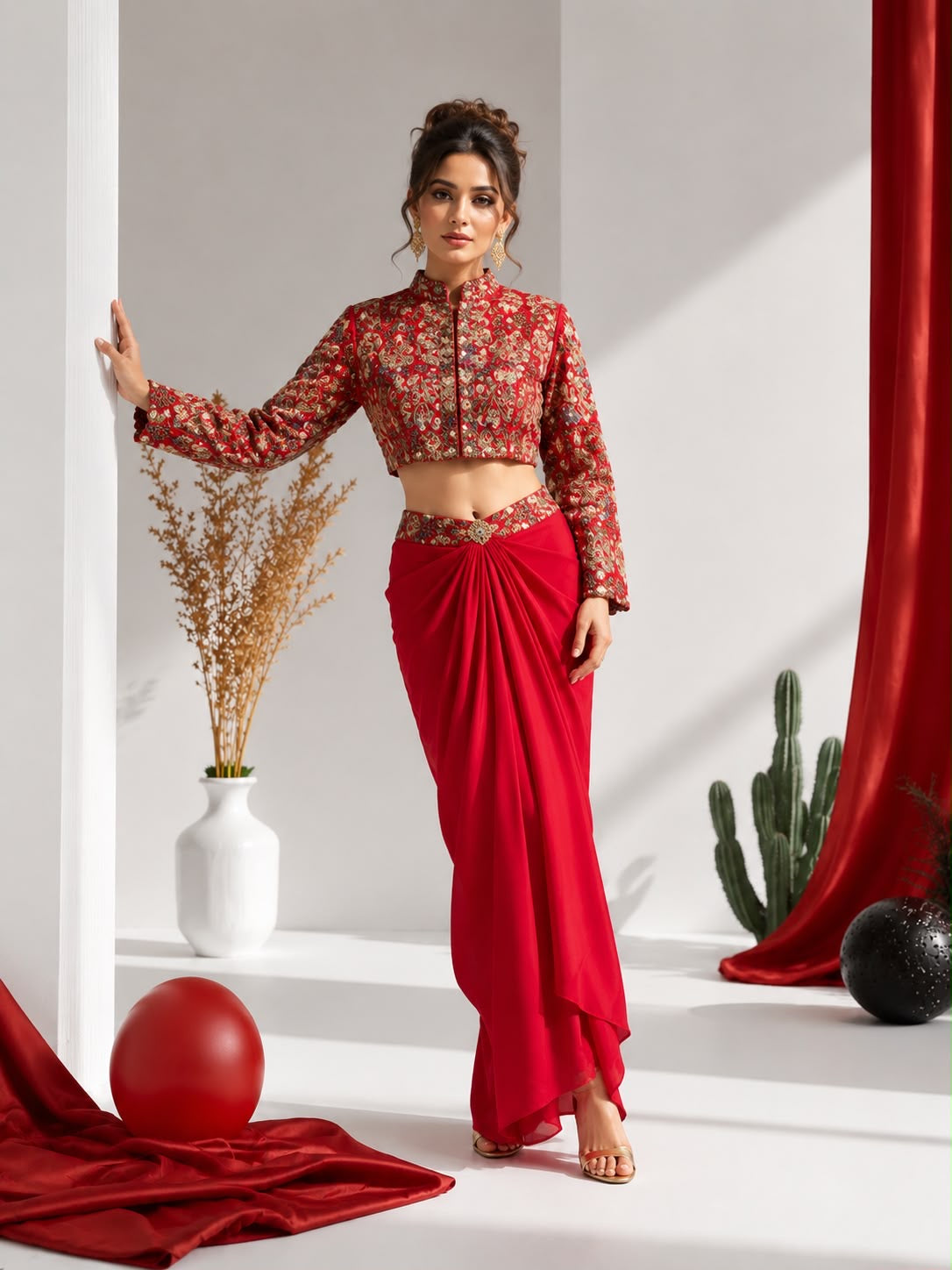 Crimson Embroidered Blouse & Pre-Draped Dhoti Skirt Set