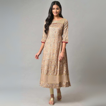 Graceful Beige Floral Printed A-Line Kurta – Stylish & Comfortable Women's Wear | KS-38