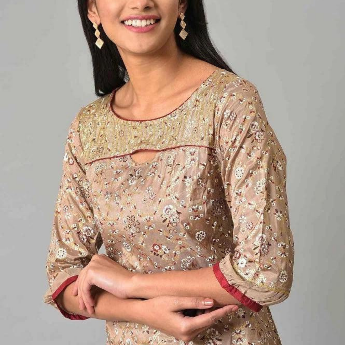 Graceful Beige Floral Printed A-Line Kurta – Stylish & Comfortable Women's Wear | KS-38