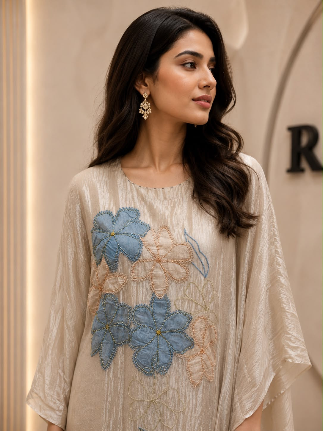 Champagne Floral Embroidery Kaftan Set