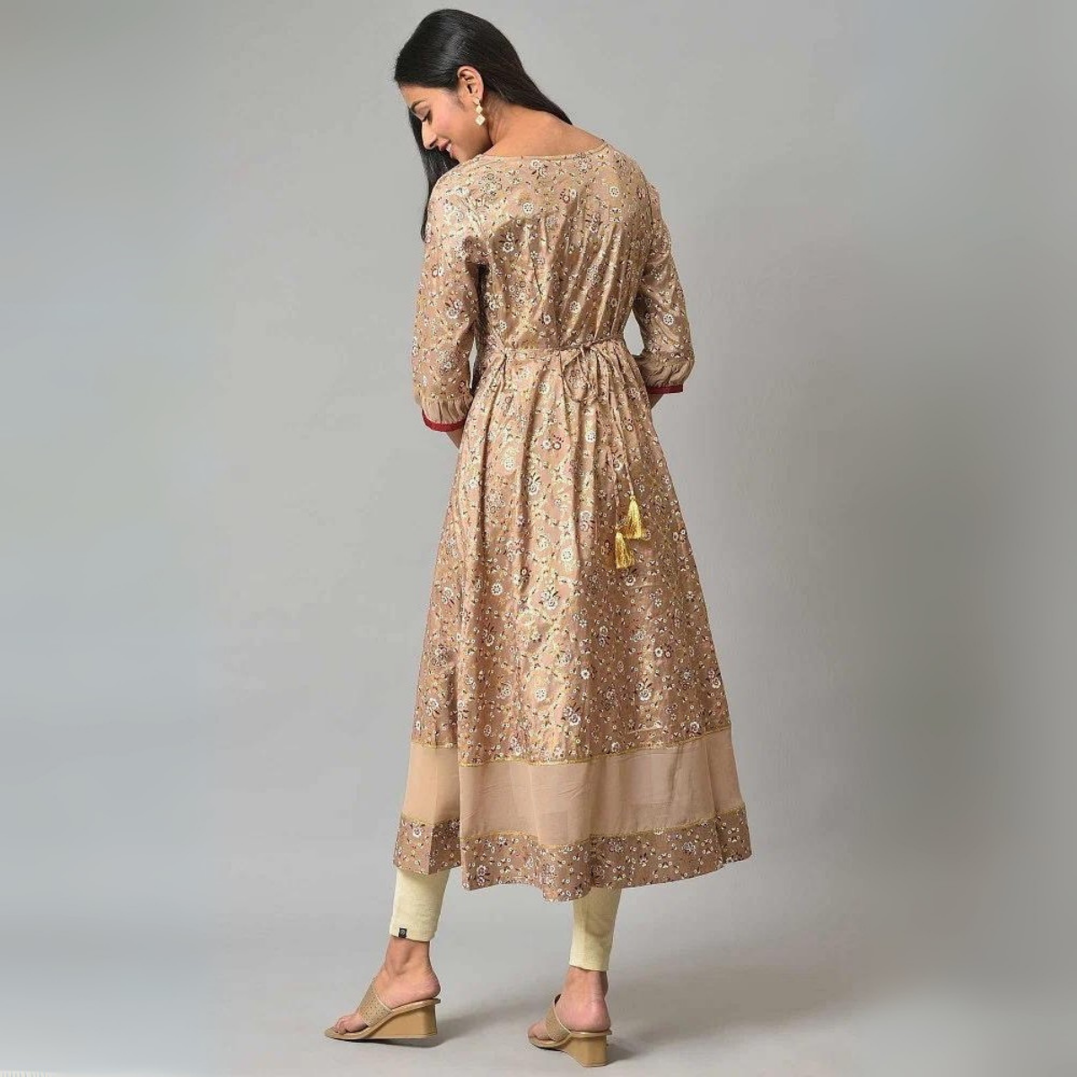 Graceful Beige Floral Printed A-Line Kurta – Stylish & Comfortable Women's Wear | KS-38
