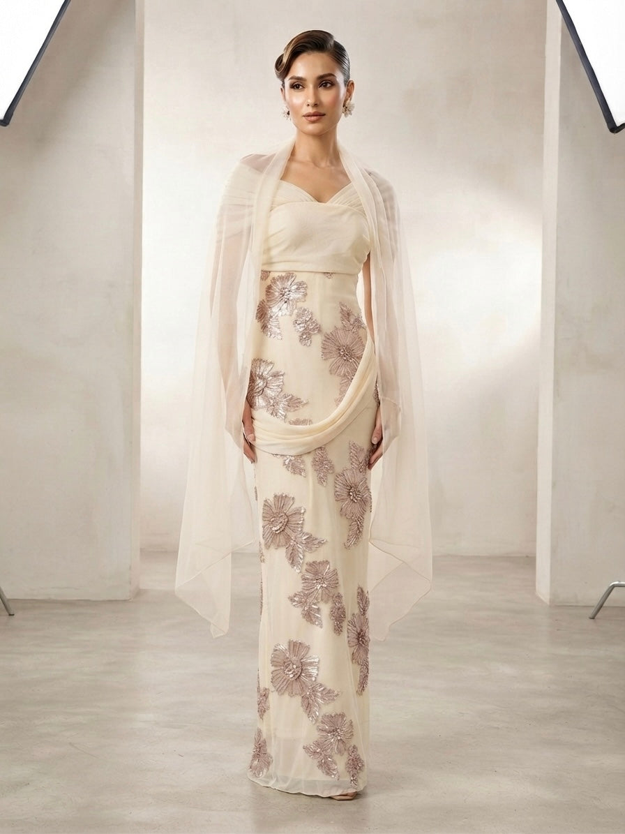 Embroidered Mesh Draped Maxi Dress