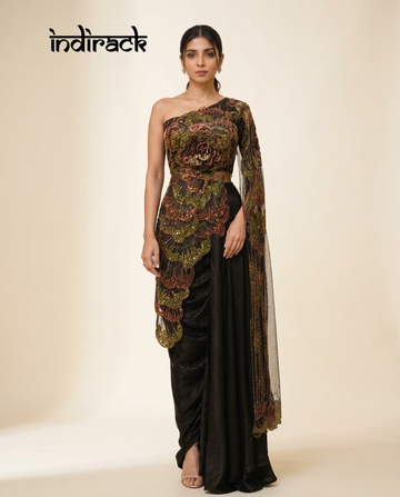 Botanical Cascade One-Shoulder Saree Set