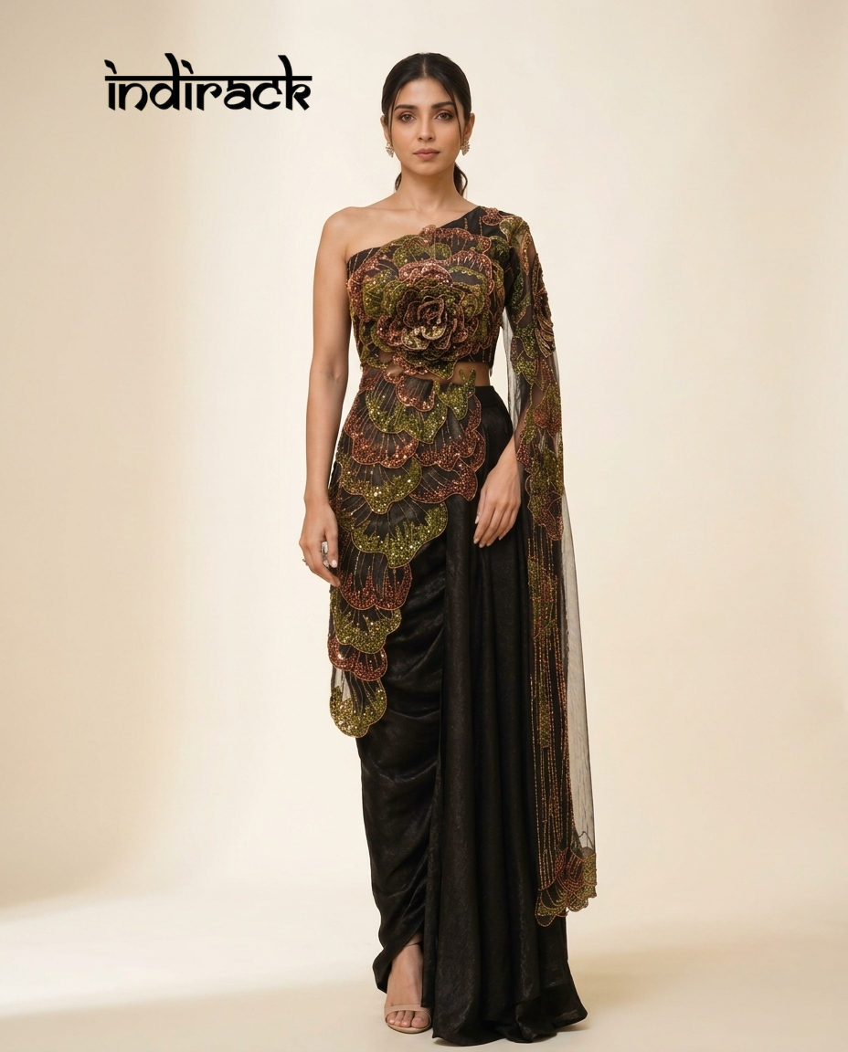 Botanical Cascade One-Shoulder Saree Set