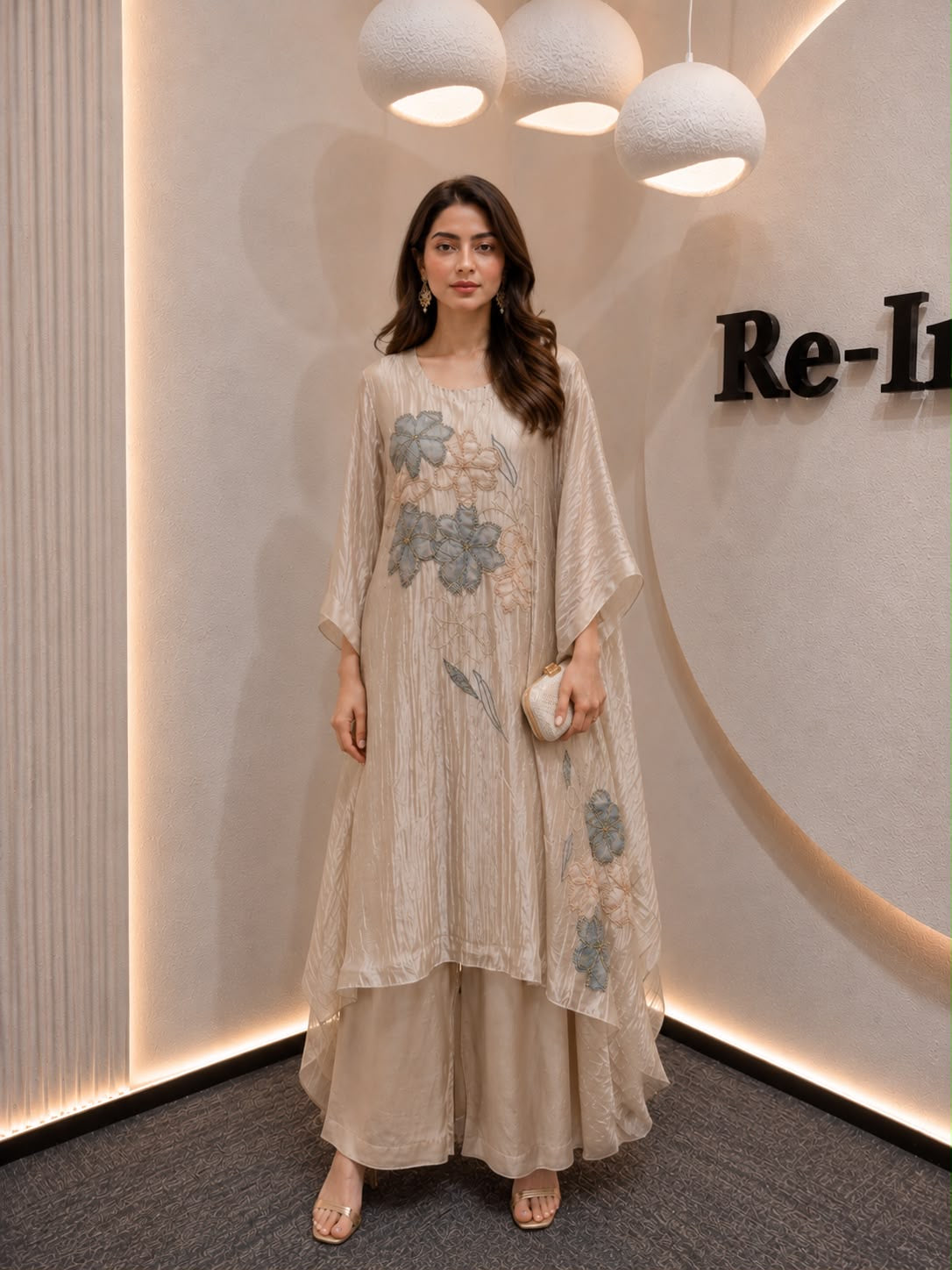 Champagne Floral Embroidery Kaftan Set