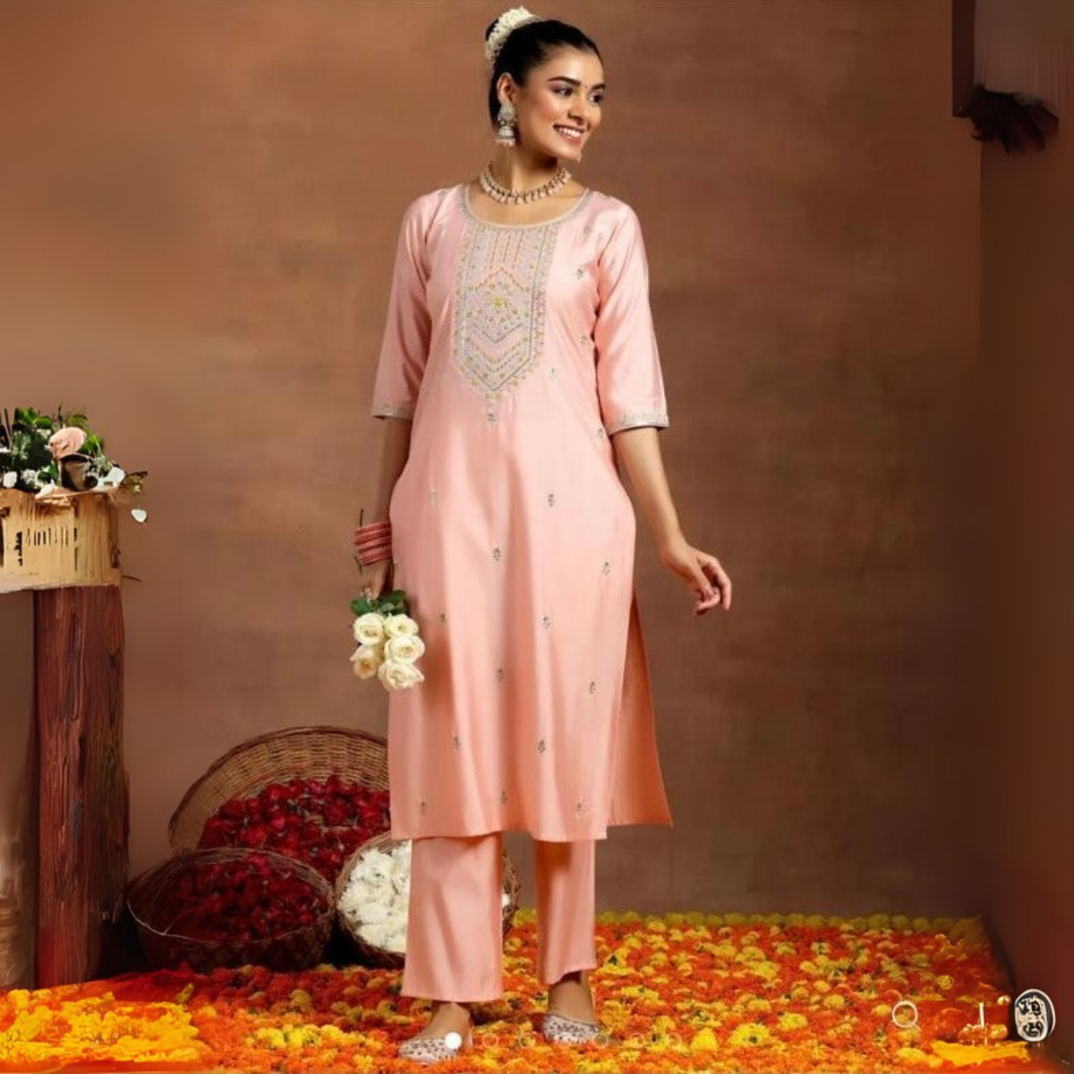 Peach Yoke Design Straight Suit With Dupatta | KS-75