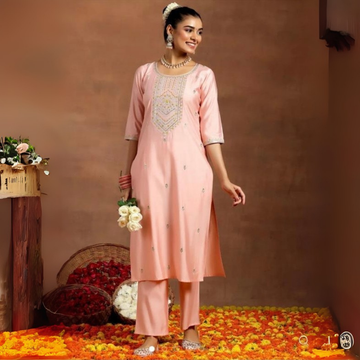 Peach Yoke Design Straight Suit With Dupatta | KS-75
