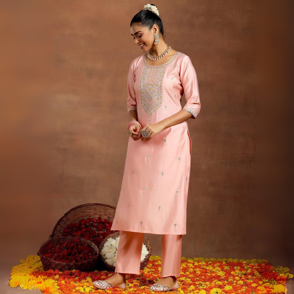 Peach Yoke Design Straight Suit With Dupatta | KS-75