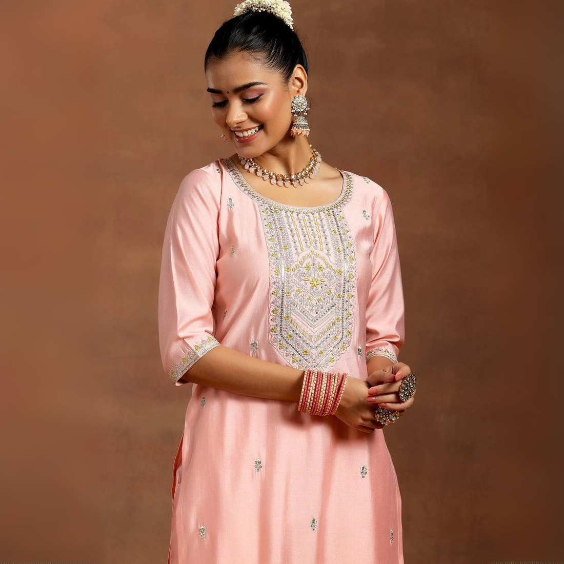 Peach Yoke Design Straight Suit With Dupatta | KS-75