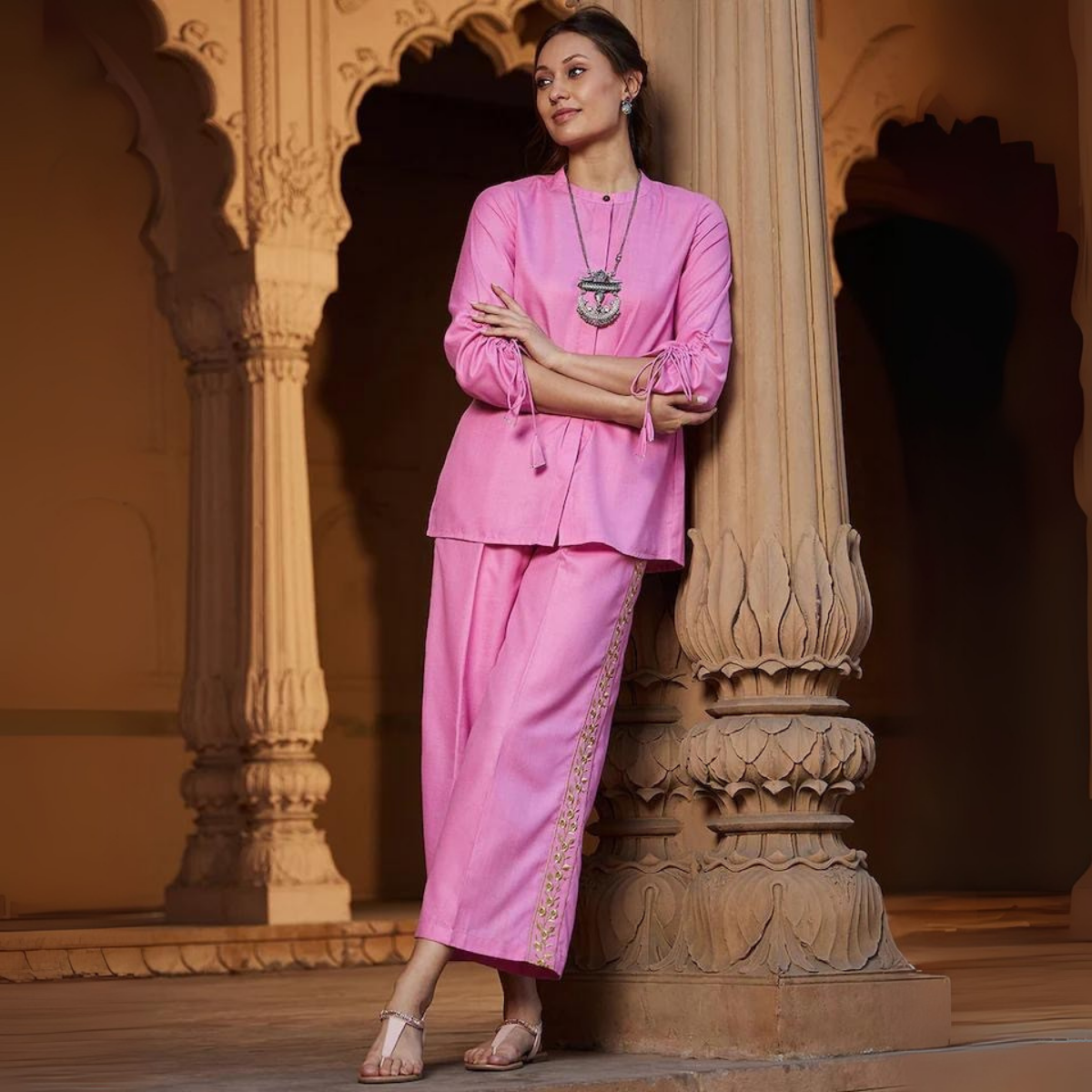 Stylish Pink Solid Viscose Rayon Kurta and Embroidered Trouser Set | ICS -10