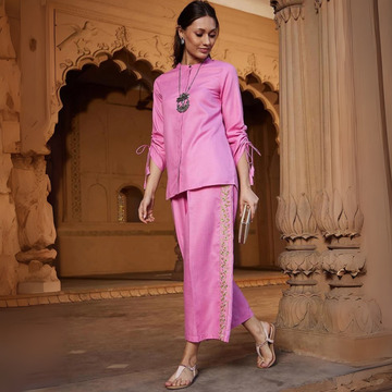 Stylish Pink Solid Viscose Rayon Kurta and Embroidered Trouser Set | ICS -10