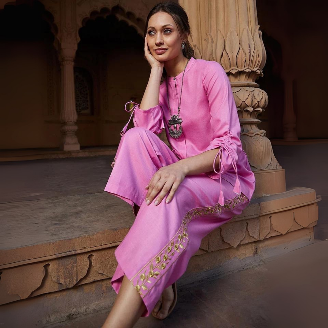 Stylish Pink Solid Viscose Rayon Kurta and Embroidered Trouser Set | ICS -10