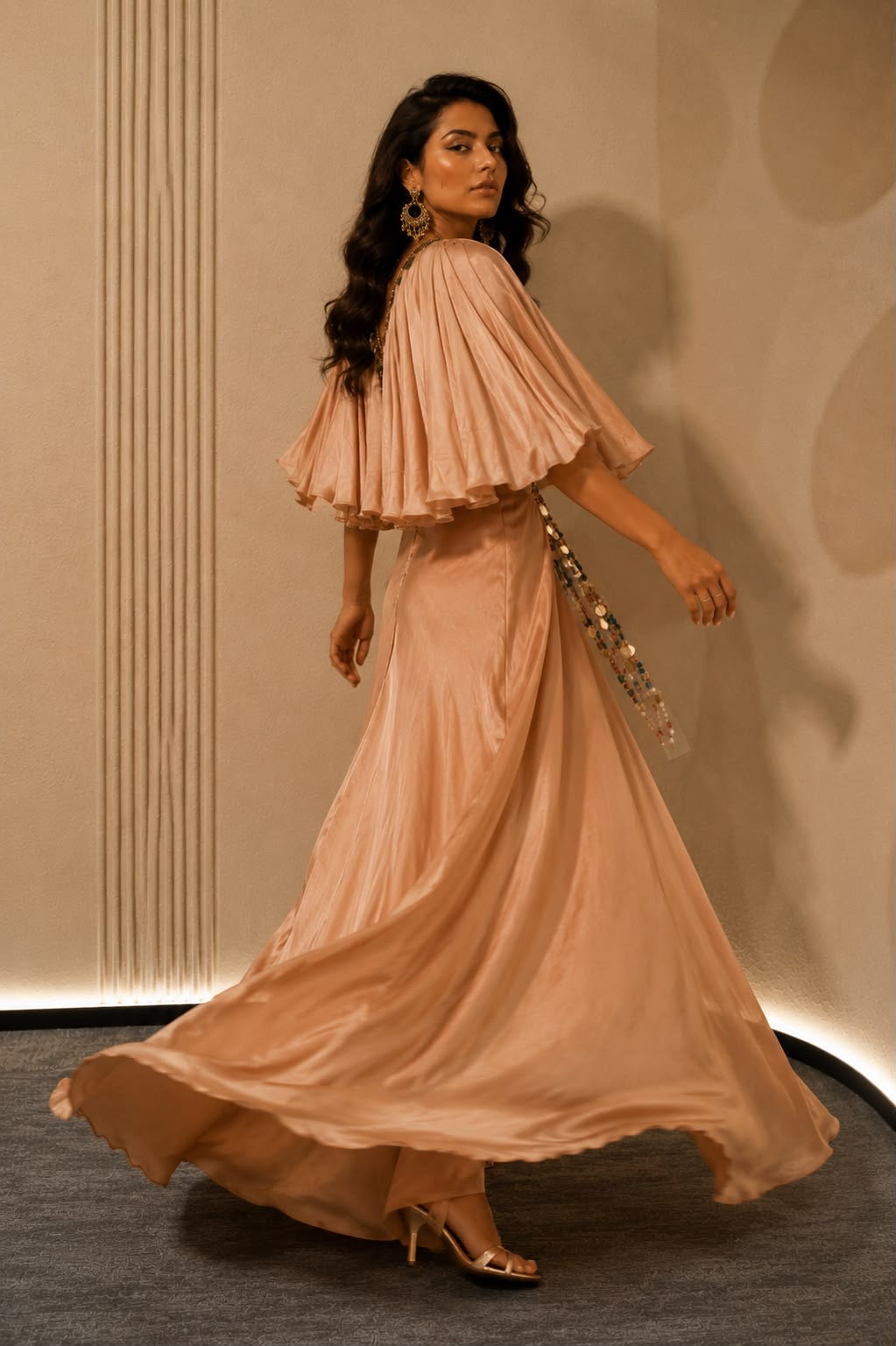Beige Cape Sleeve Draped Gown