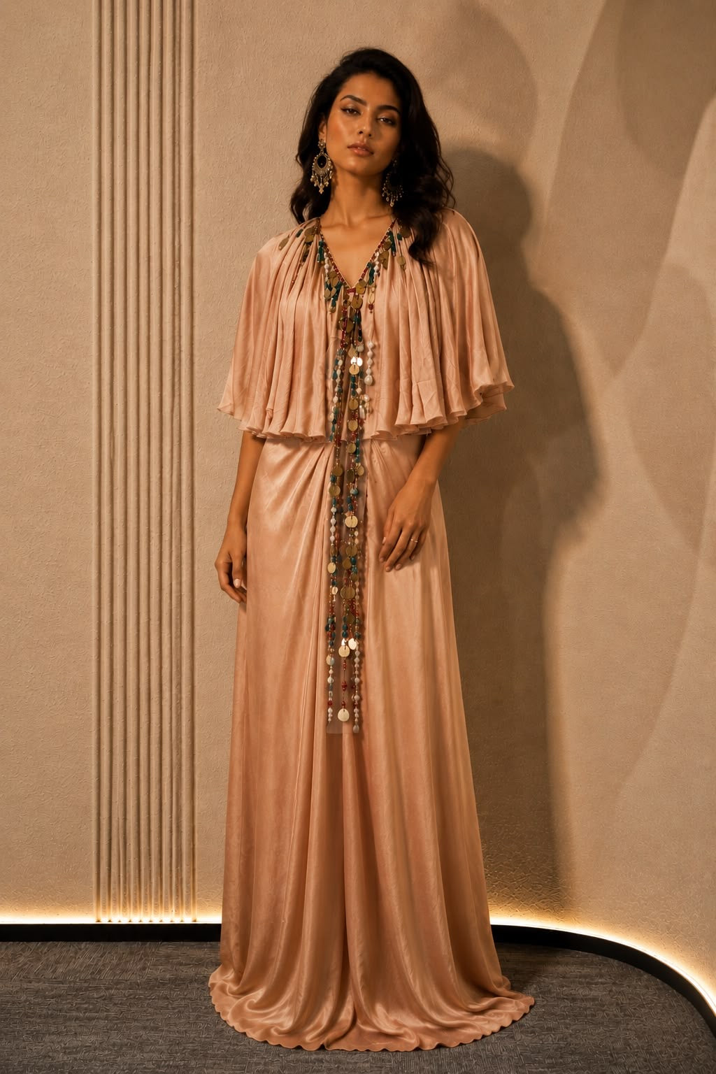 Beige Cape Sleeve Draped Gown